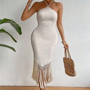 SHEIN VCAY Fringe Hem Tie Backless Halter Dress